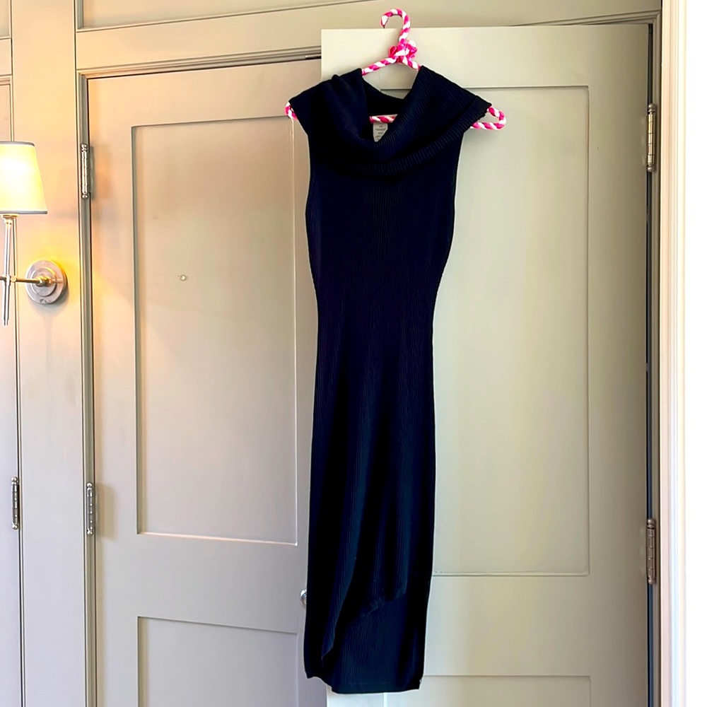 Black knit sleeveless bodycon dress with cowl neck, slink and comfortable!